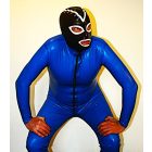 M Férfi latex catsuit kék színben első cipzárral, egybeépített zoknival.