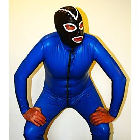   M Férfi latex catsuit kék színben első cipzárral, egybeépített zoknival.