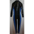 L Férfi latex catsuit fekete alapszínnel, oldalán kék dekorral, első cipzárral.