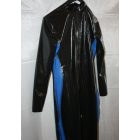 L Férfi latex catsuit fekete alapszínnel, oldalán kék dekorral, első cipzárral.