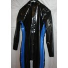 XL Férfi latex catsuit fekete alapszínnel, oldalán kék dekorral, első cipzárral.