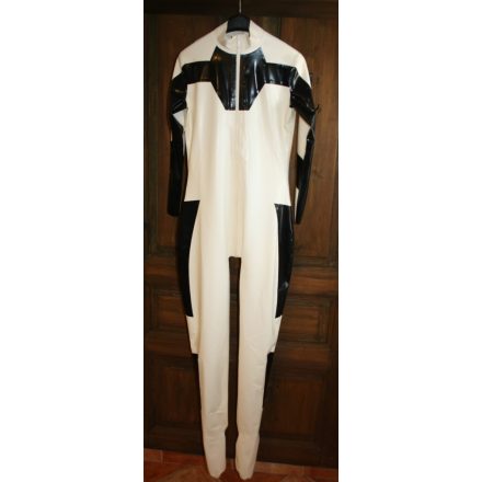 M Férfi latex rohamosztagos catsuit fehér alapszín, fekete dekorral, első cipzárral, zoknival. PRÉMIUM minőség!