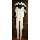 XL Férfi latex rohamosztagos catsuit fehér alapszín, fekete dekorral, első cipzárral. PRÉMIUM minőség!